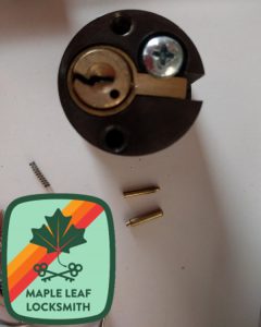 The pin on the top is an Emtek cylinder cap retainer pin. The more robust lower one is a Schlage pin.