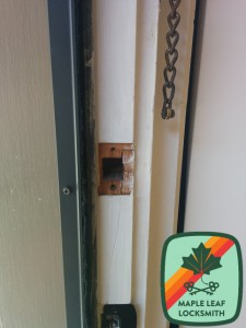 Here we see that the frame has split where the deadbolt contacts the frame. The door may have been kicked in once.